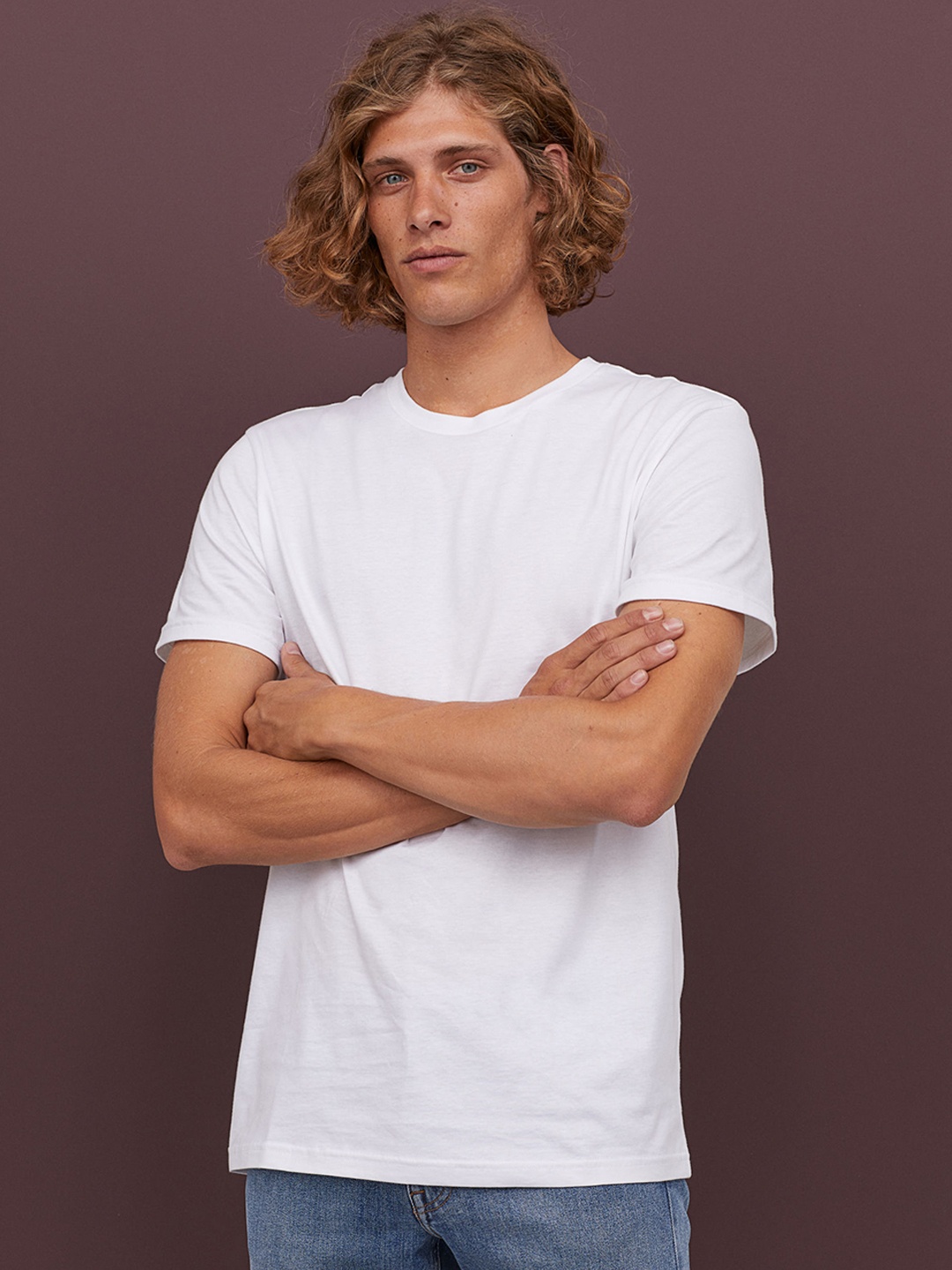 

HM Men White Solid Cotton Pure Cotton T-shirt Regular Fit