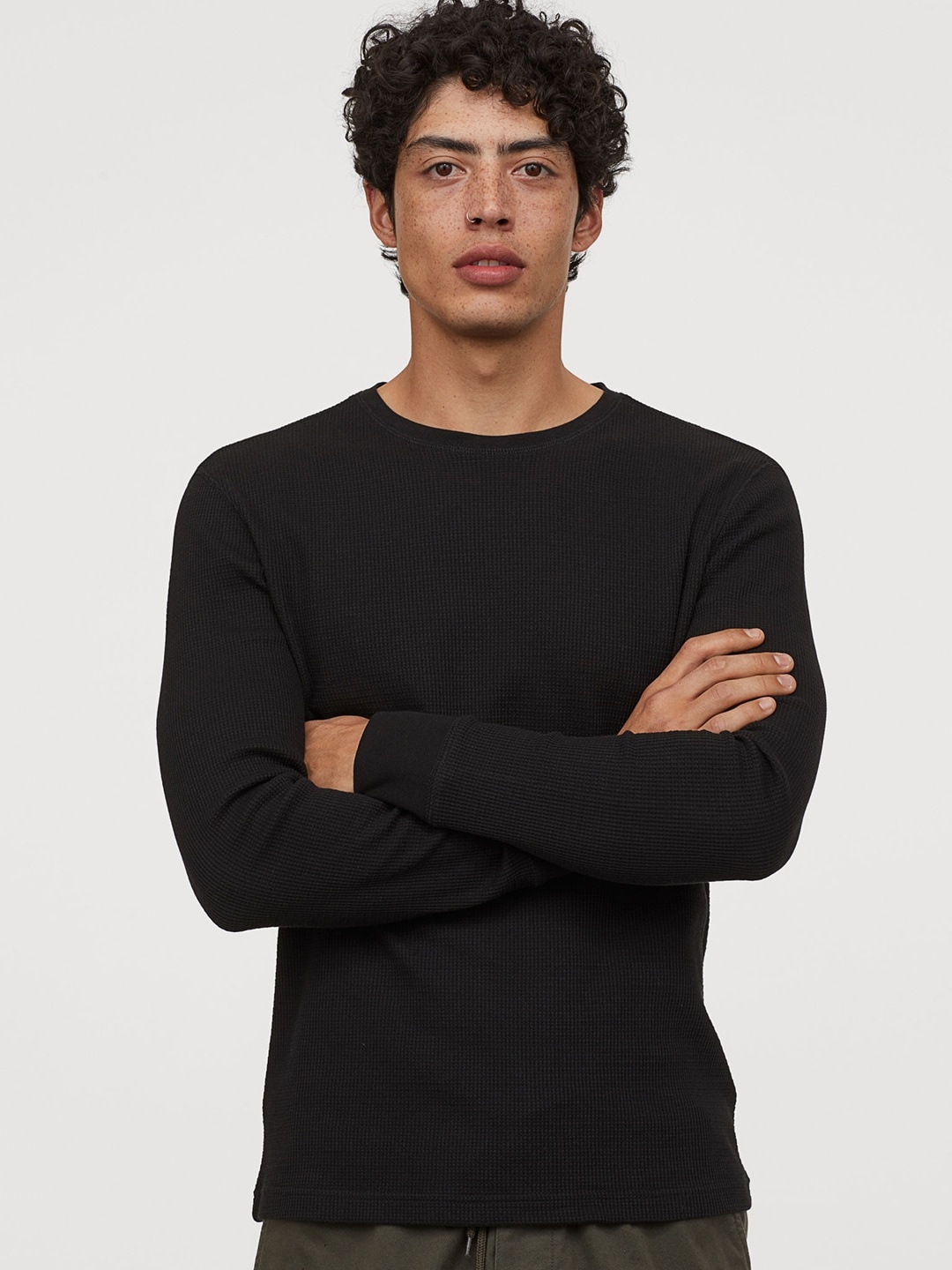 

H&M Men Black Solid Waffled Jersey Sustainable Top