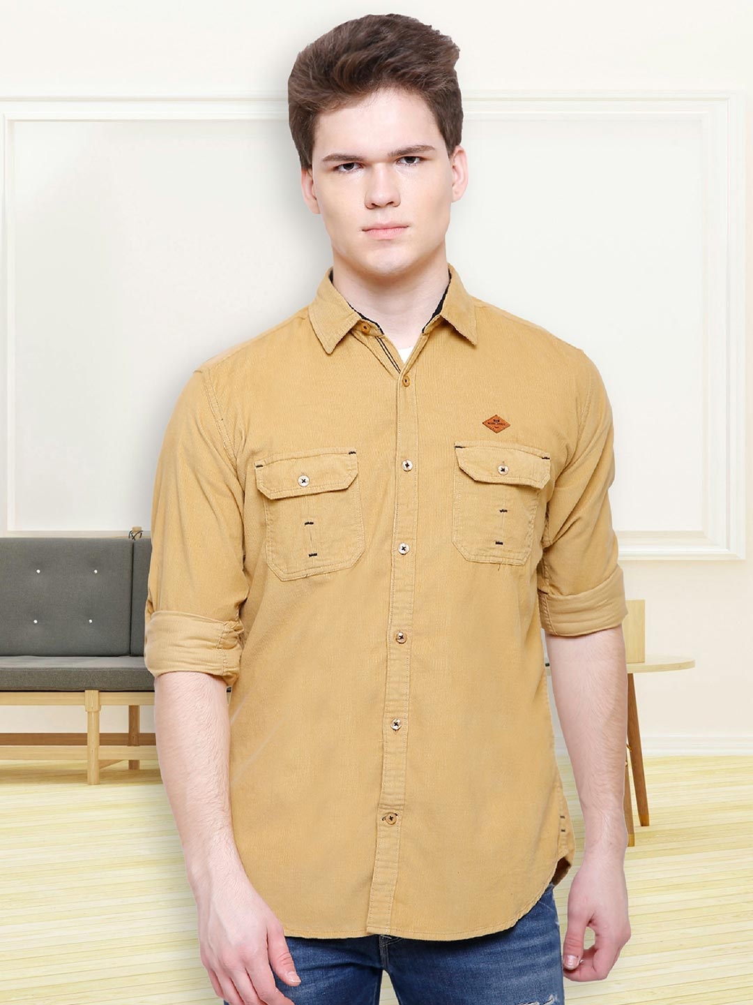 

Kuons Avenue Men Smart Slim Fit Corduroy Casual Shirt, Beige