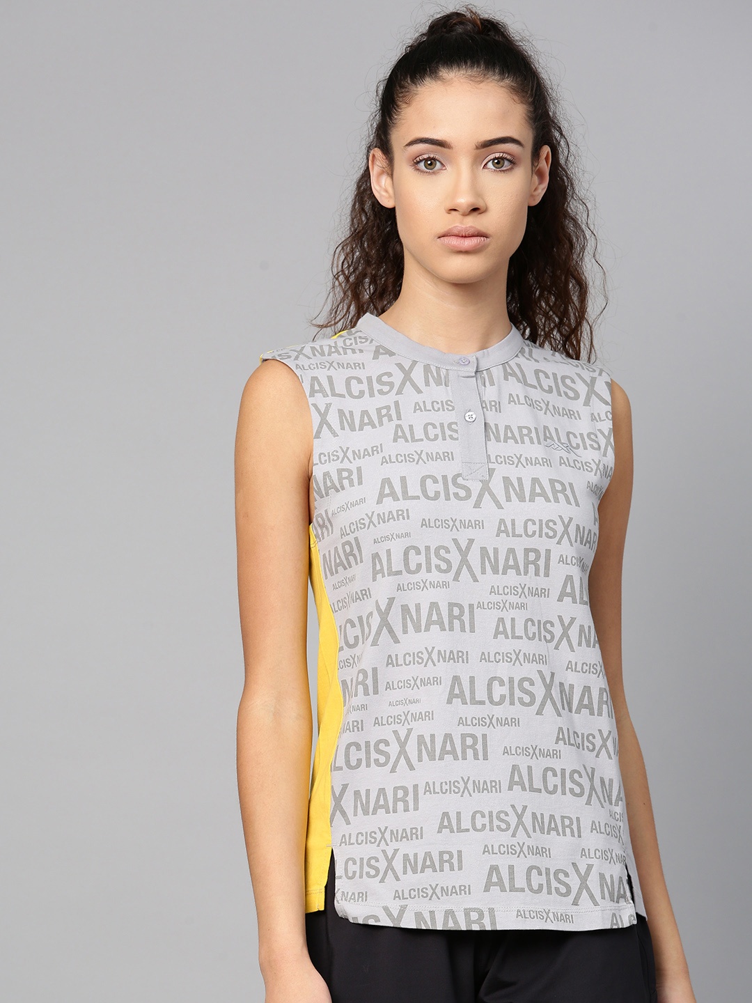 

Alcis Women Grey Yellow Printed Henley Neck Outdoor Pure Cotton T-shirt