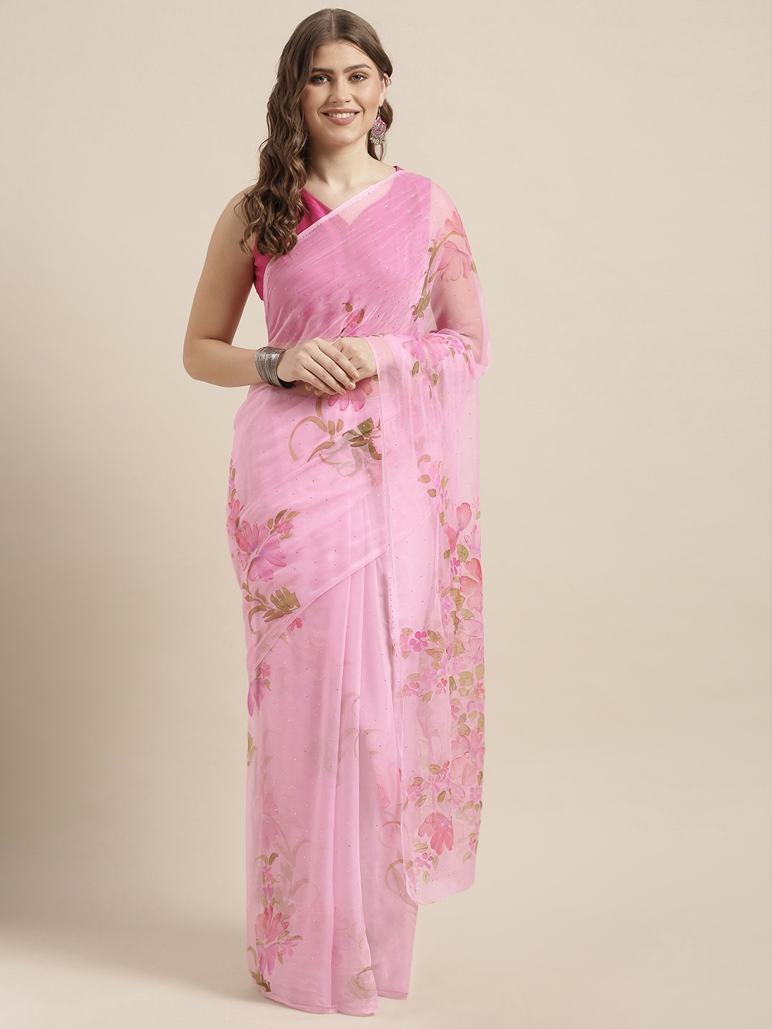 

Geroo Jaipur Pink Hand Painted Floral Chiffon Sustainable Saree With Mukaish Work