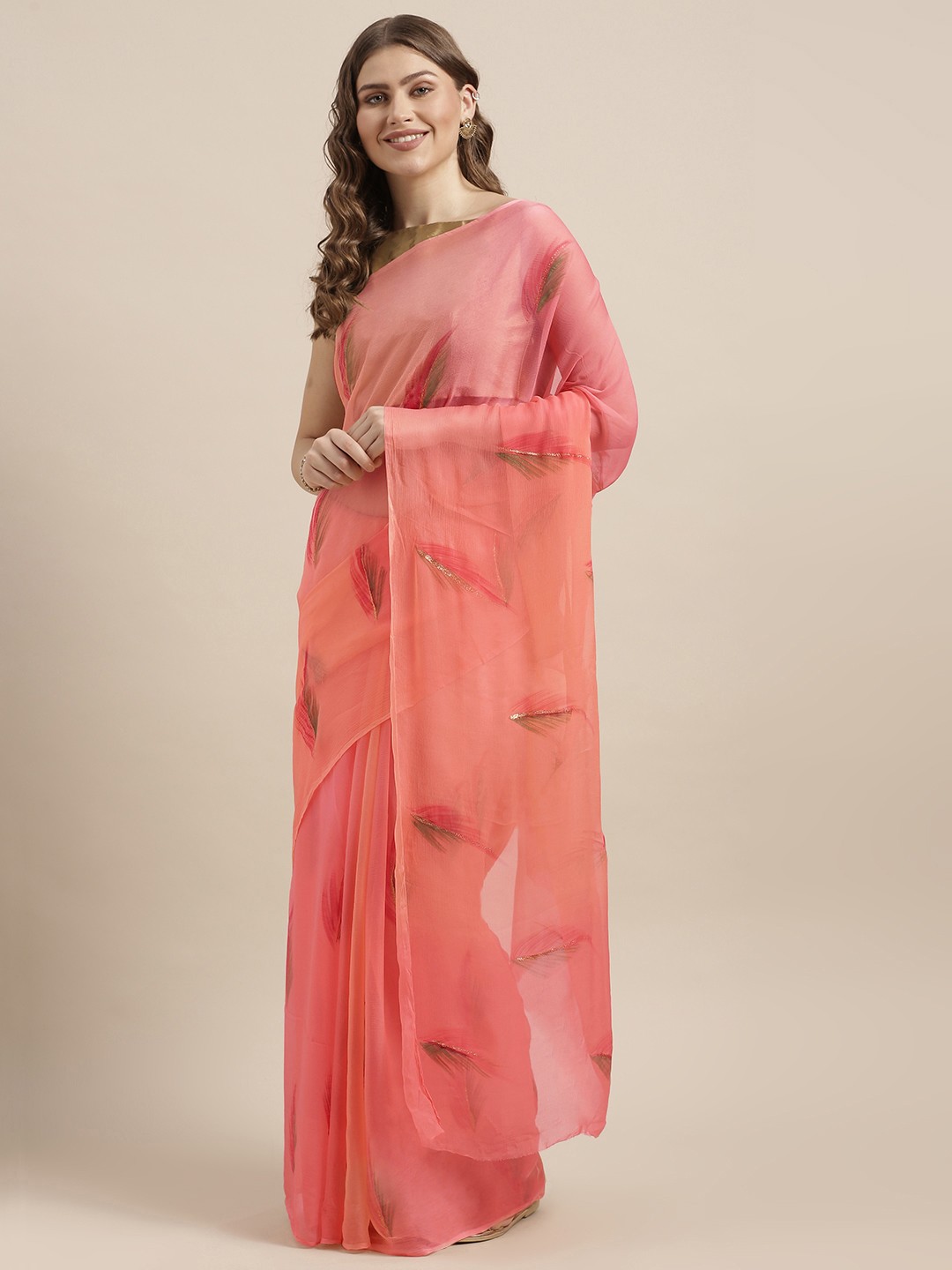 

Geroo Jaipur Peach Feather Hand Painted Chiffon Sustainable Saree
