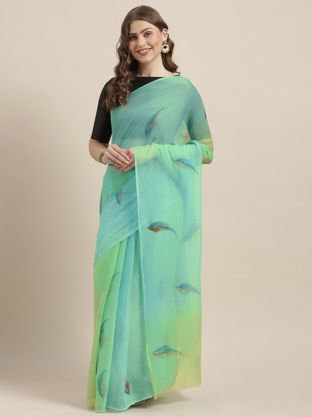 

Geroo Jaipur Sea Green & Blue Hand Painted Chiffon Saree