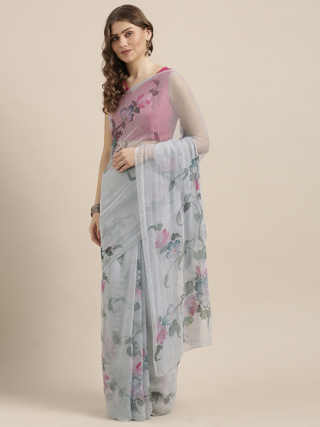

Geroo Jaipur Grey Hand Painted Floral Chiffon Sustainable Saree With Mukaish Work