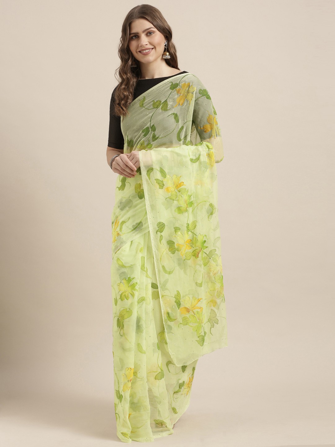 

Geroo Jaipur Lime Green Hand Painted Floral Chiffon Sustainable Saree With Mukaish Work