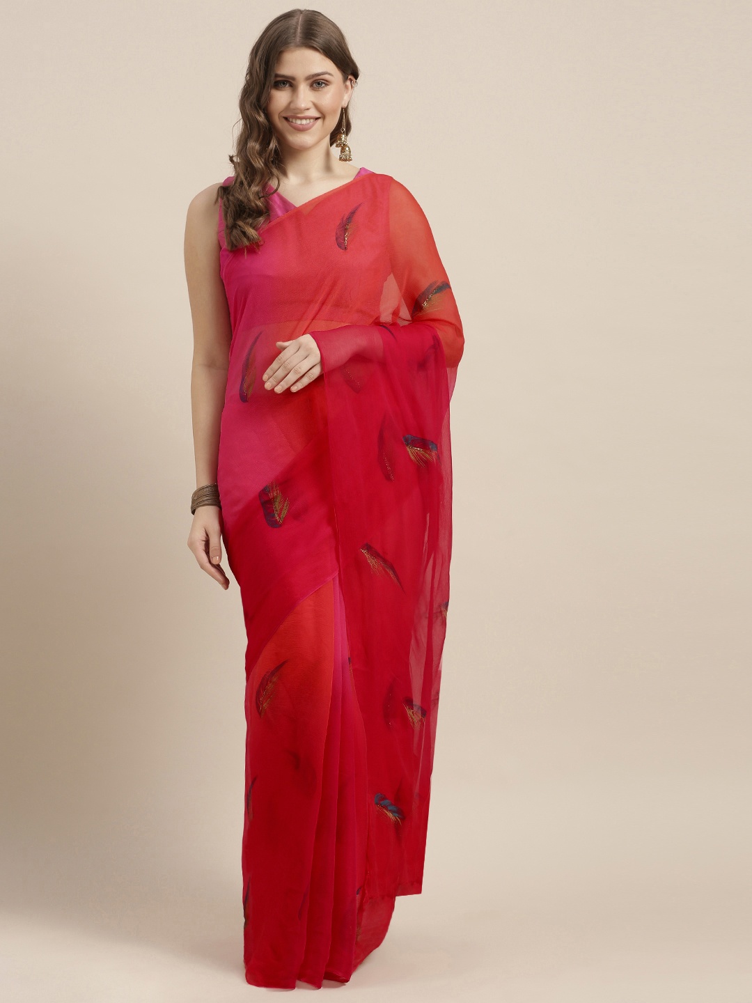 

Geroo Jaipur Red Hand Painted Chiffon Sustainable Saree