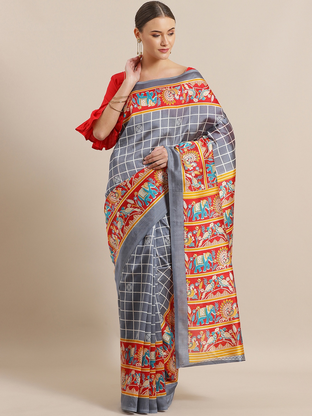 

Chhabra 555 Grey & White Checked Bhagalpuri Saree