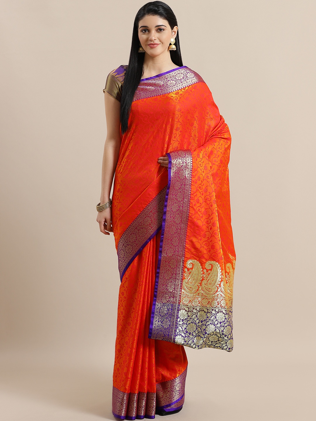

Chhabra 555 Orange & Blue Woven Design Jamdani Saree