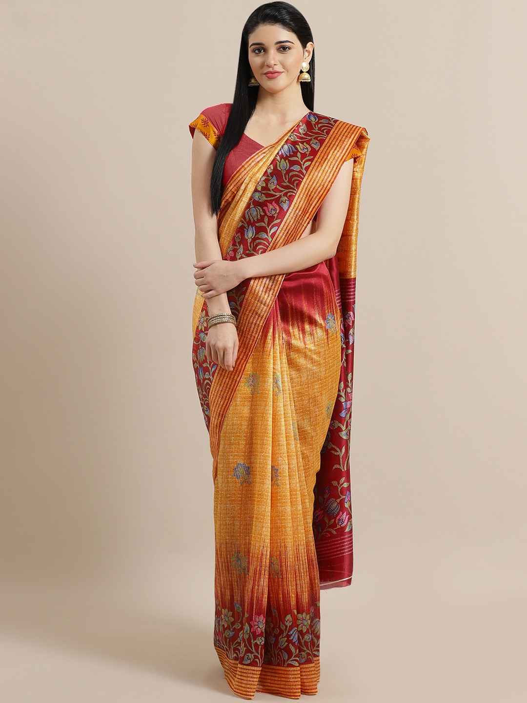 

Chhabra 555 Mustard Yellow & Maroon Digital Print Bhagalpuri Saree