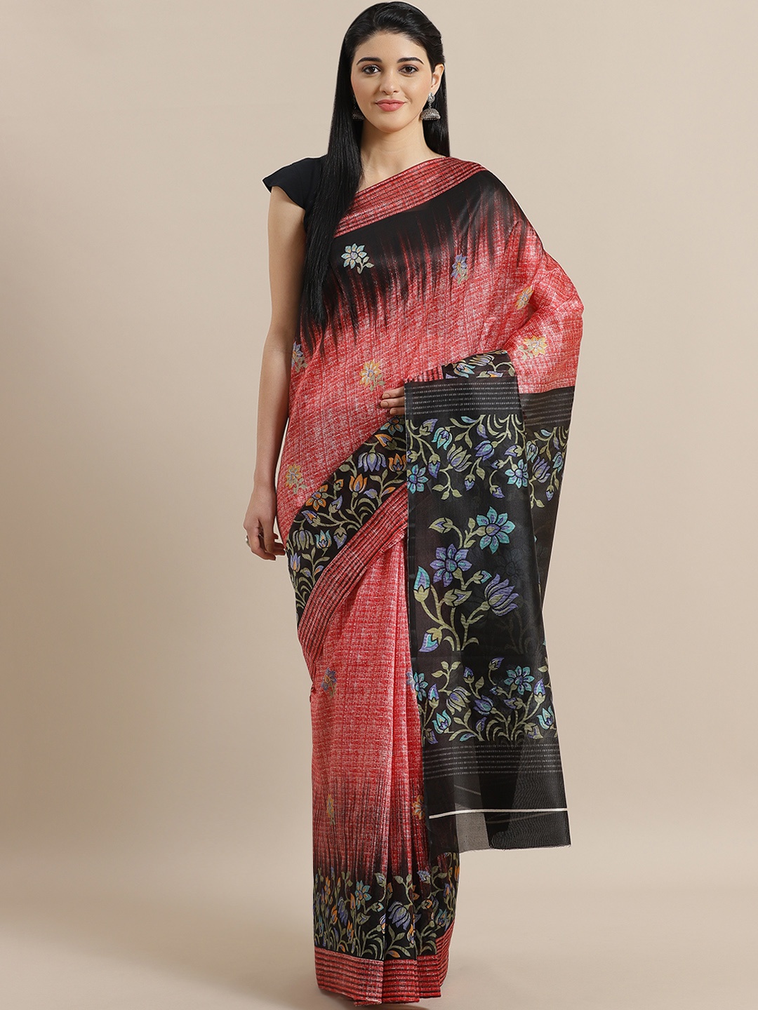 

Chhabra 555 Red & Black Printed Bhagalpuri Saree