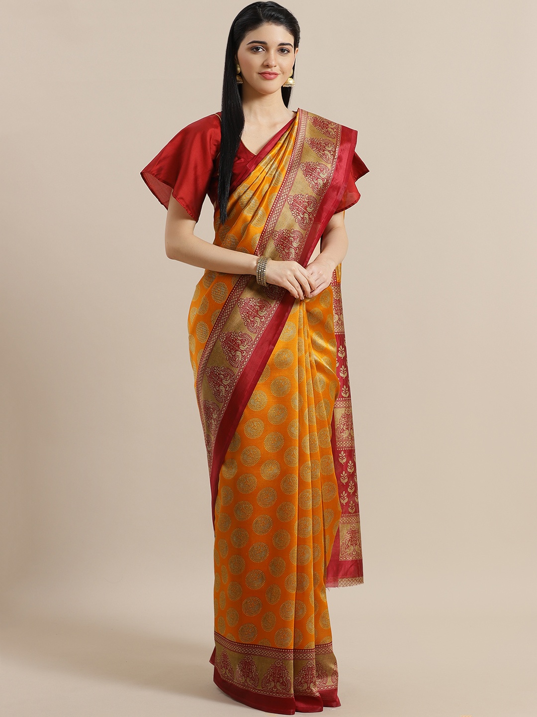 

Chhabra 555 Mustard Yellow & Maroon Digital Print Bhagalpuri Saree
