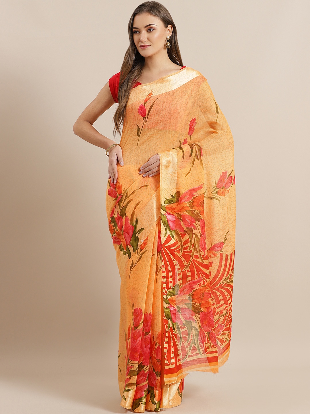

Chhabra 555 Orange & Red Printed Bhagalpuri Saree