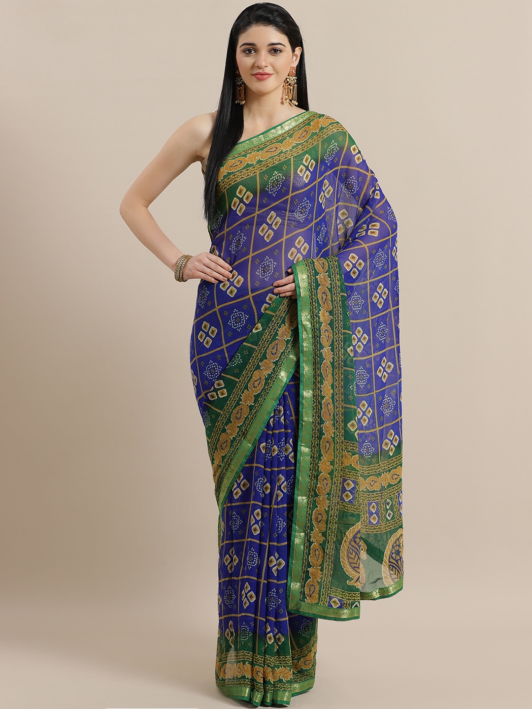 

Chhabra 555 Blue & Green Printed Bandhani Saree