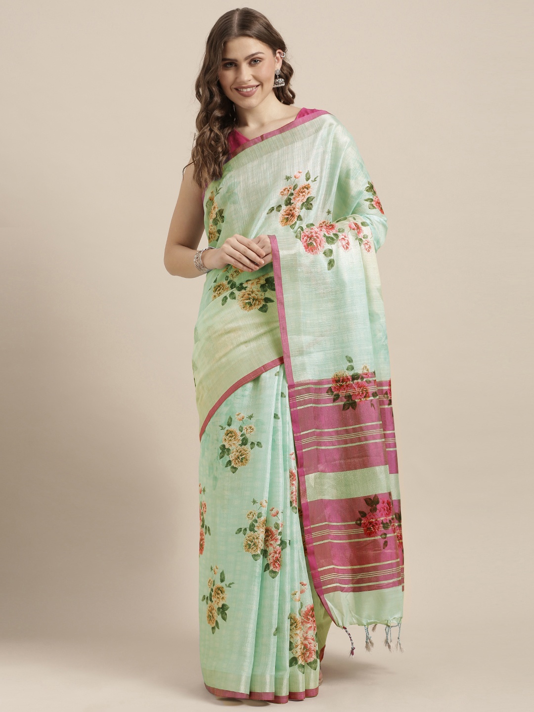 

VASTRANAND Sea Green Printed Linen Blend Saree