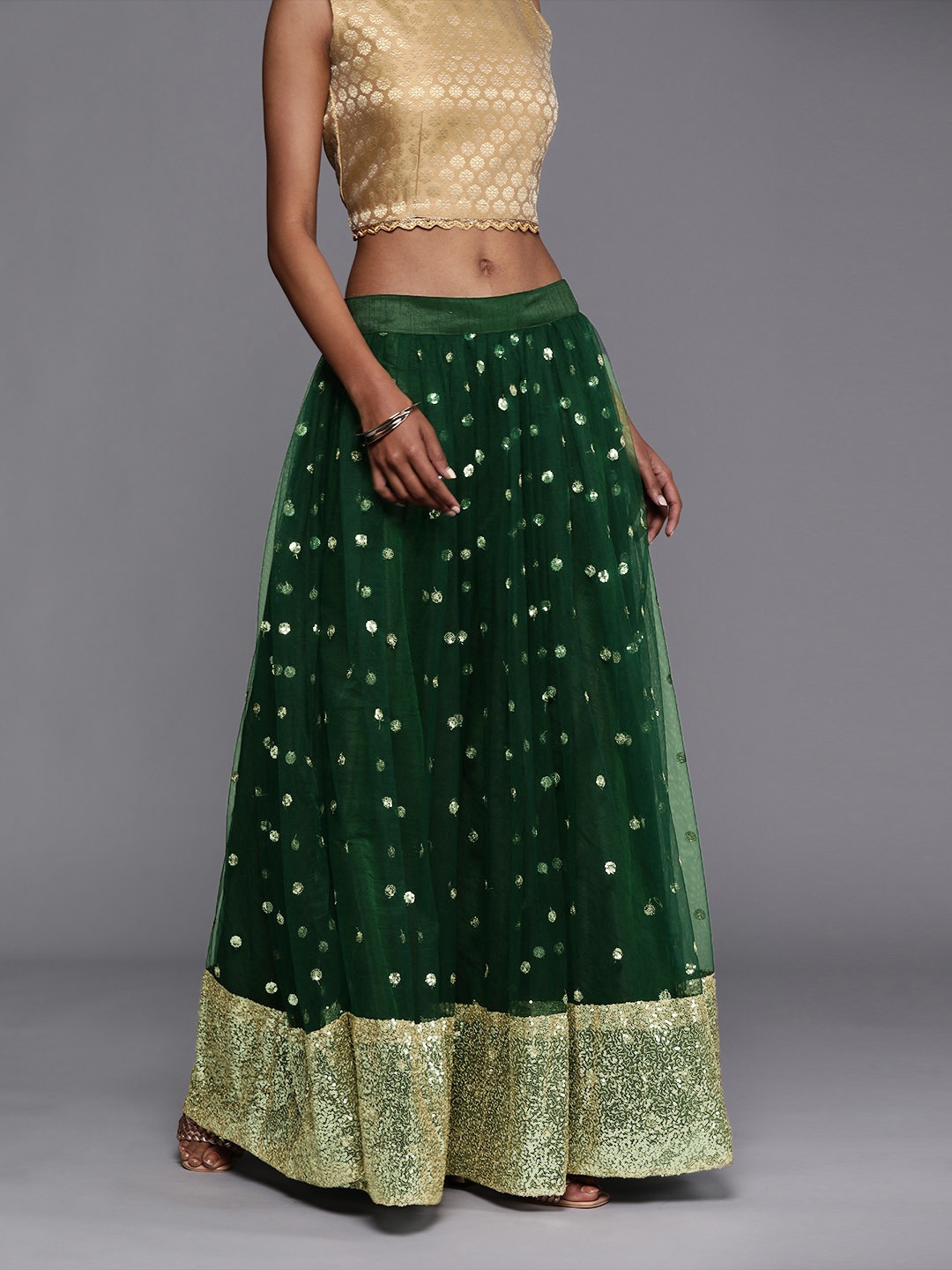 

Studio Rasa Women Green & Gold Toned Net Sequin Embellished Gathered Flared Maxi Skirt