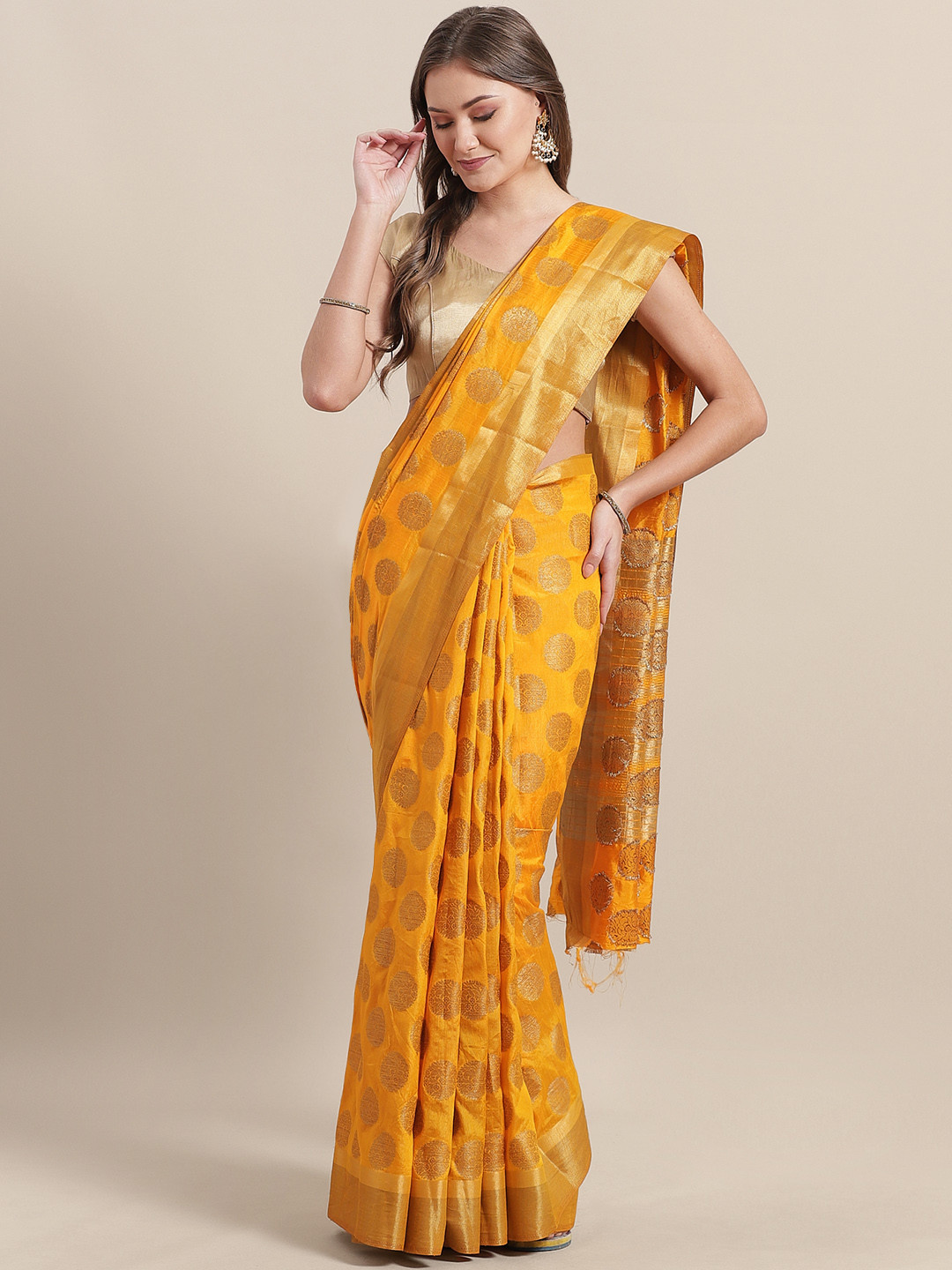 

Mitera Mustard Yellow & Golden Woven Design Kanjeevaram Saree