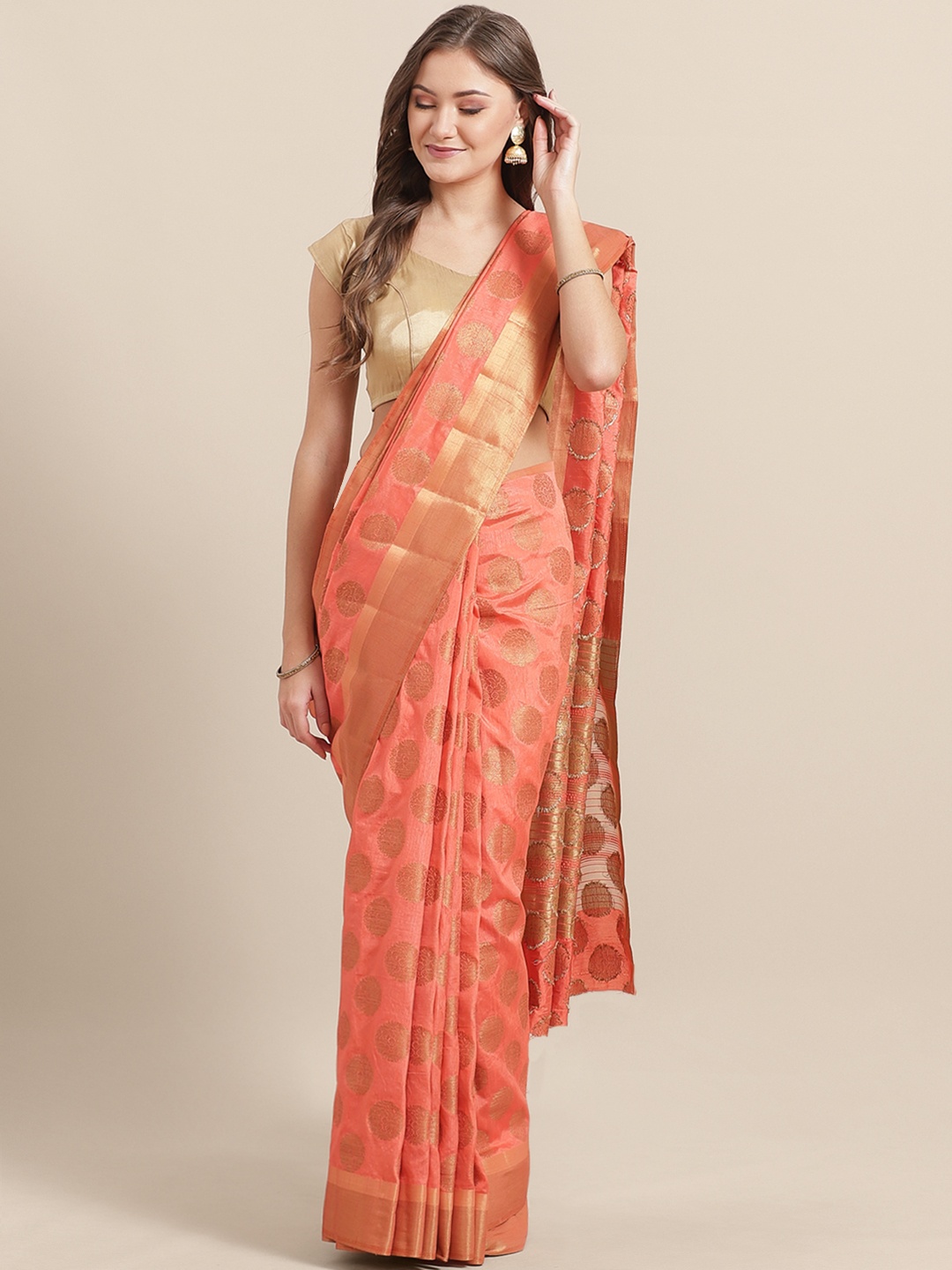 

Mitera Orange & Golden Woven Design Kanjeevaram Saree