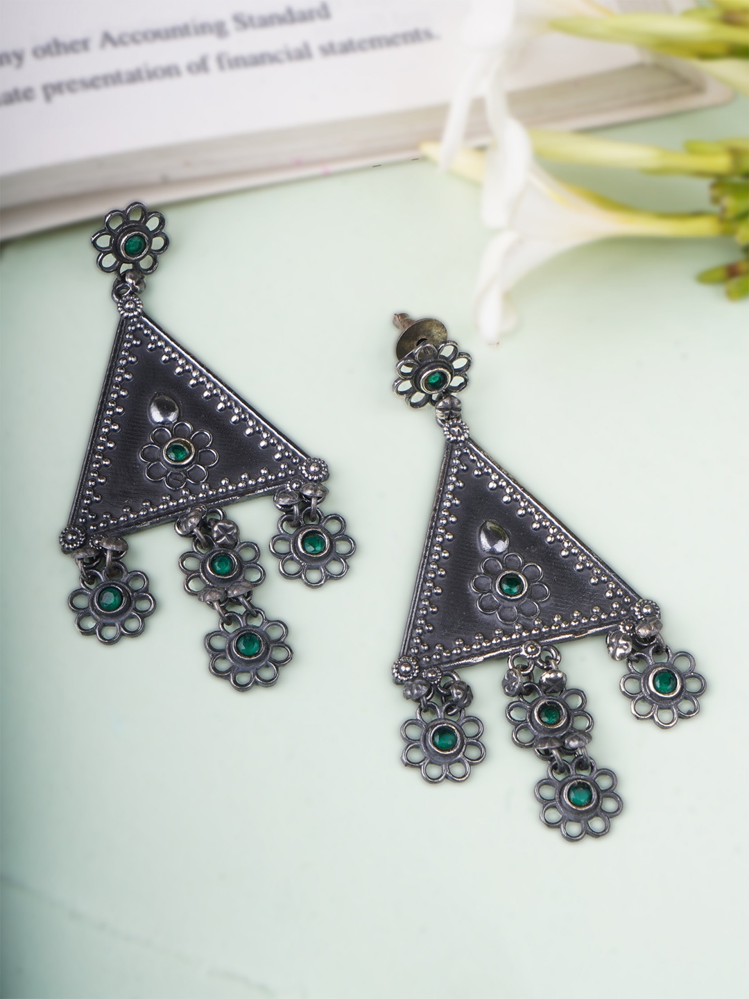 

Adwitiya Collection Silver-Plated & Green Triangular Oxidised Drop Earrings