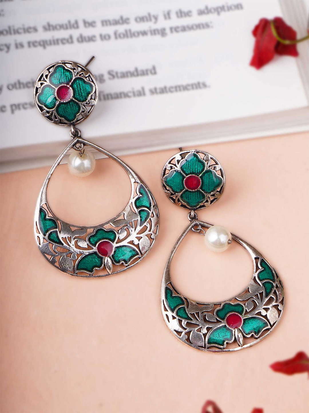 

Adwitiya Collection Silver-Plated & Green Oxidised Drop Earrings