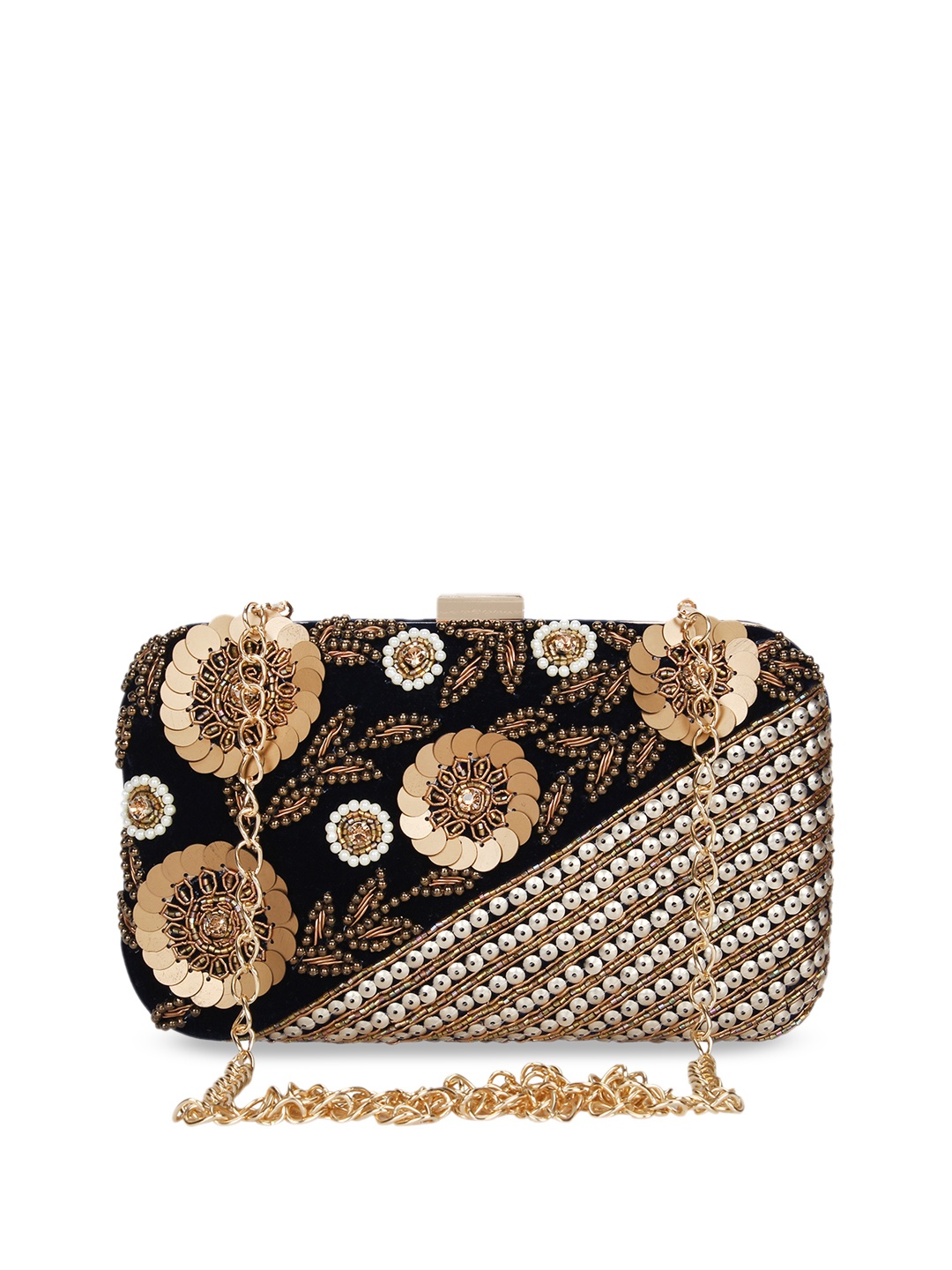 

Anekaant Black & Gold-Toned Embellished Velvet Box Clutch