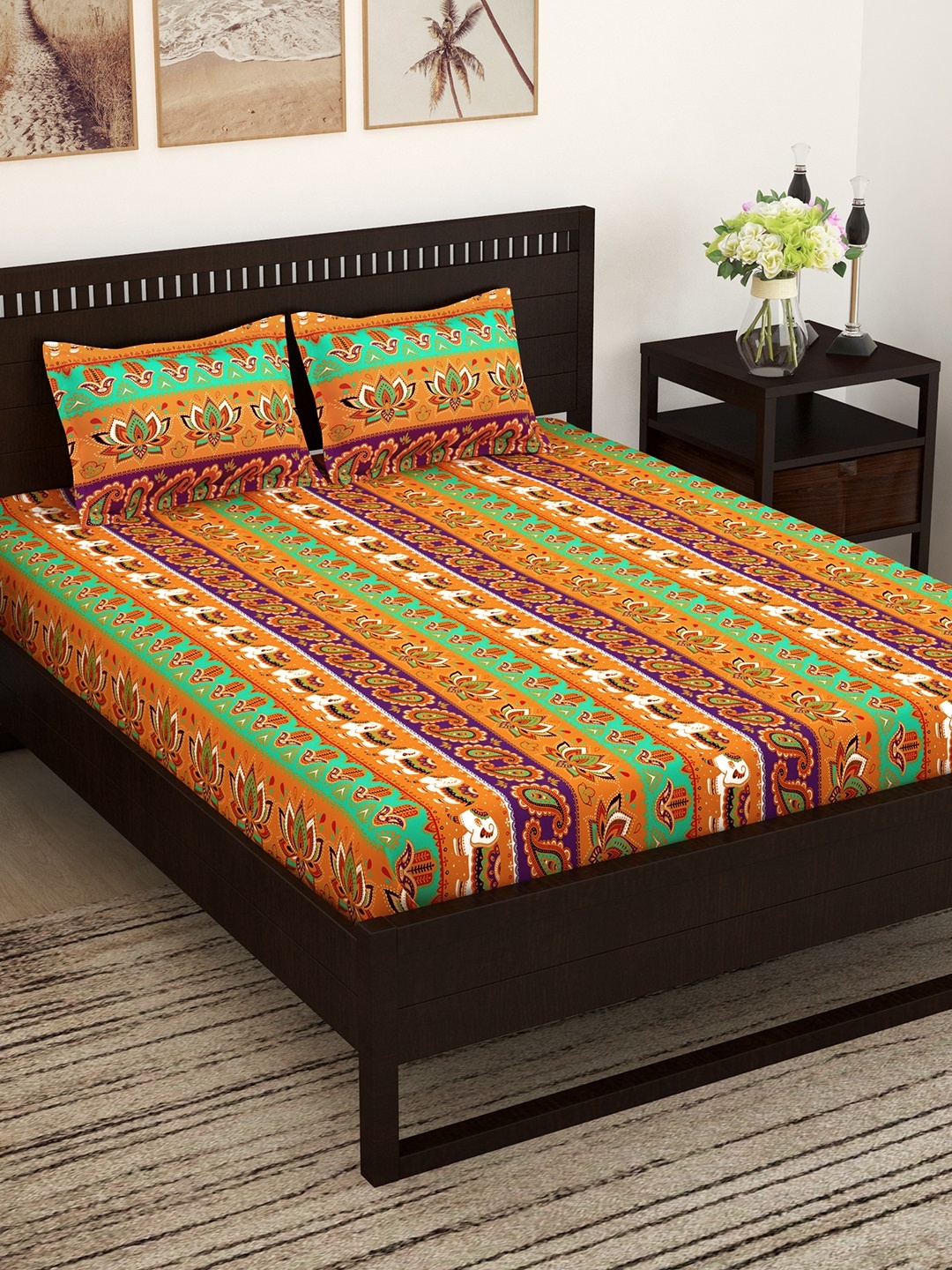 

Story@home Yellow & Green Ethnic Motifs 152 TC Cotton 1 Queen Bedsheet with 2 Pillow Covers