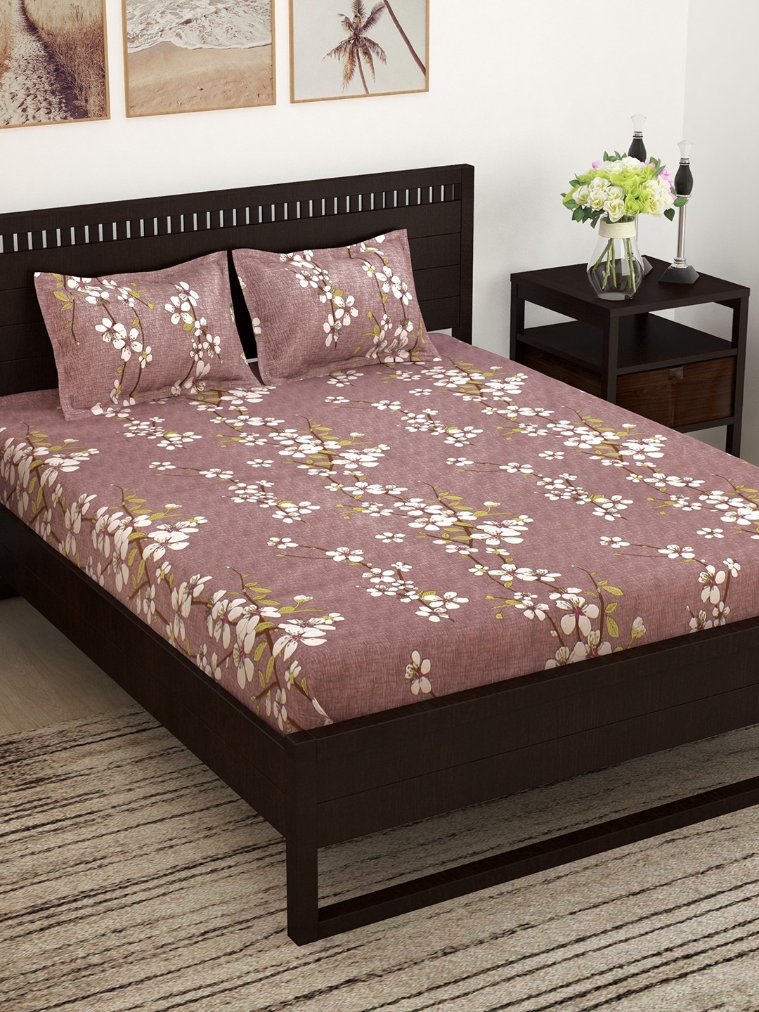 

Story@home Pink & White Floral 152 TC Cotton 1 Queen Bedsheet with 2 Pillow Covers