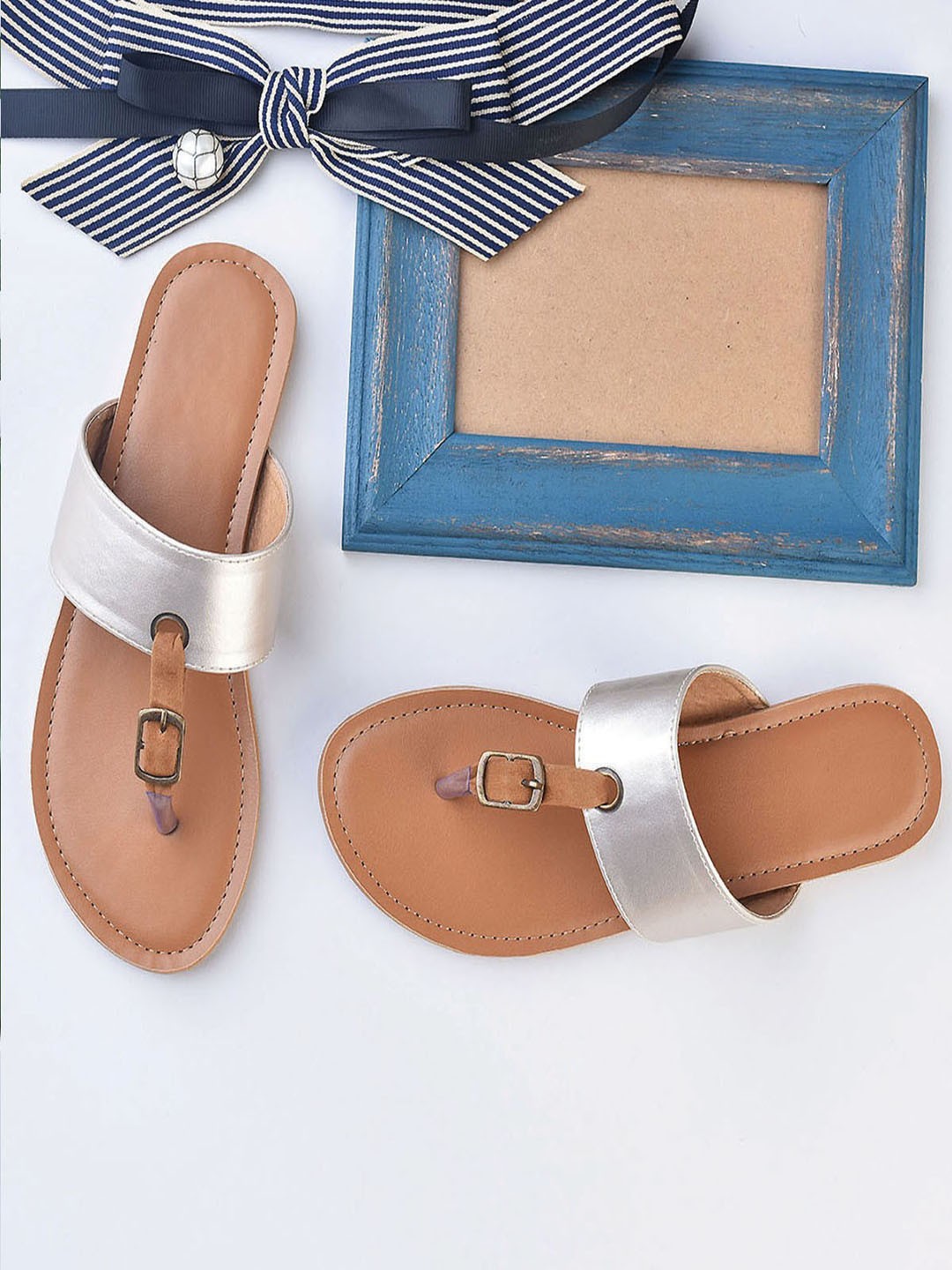 

Street Style Store Women Gold-Toned & Brown Colourblocked T-Strap Flats