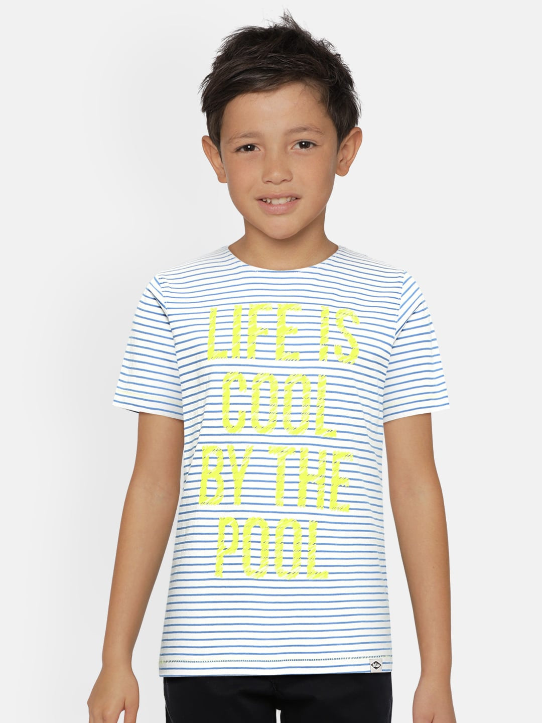 

Lee Cooper Boys White Blue Typography Striped Pure Cotton T-shirt