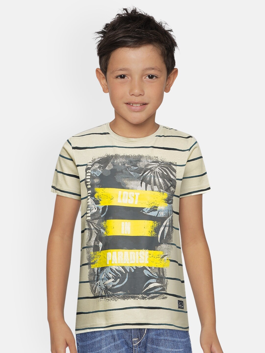

Lee Cooper Boys Beige Striped & Printed Round Neck T-shirt