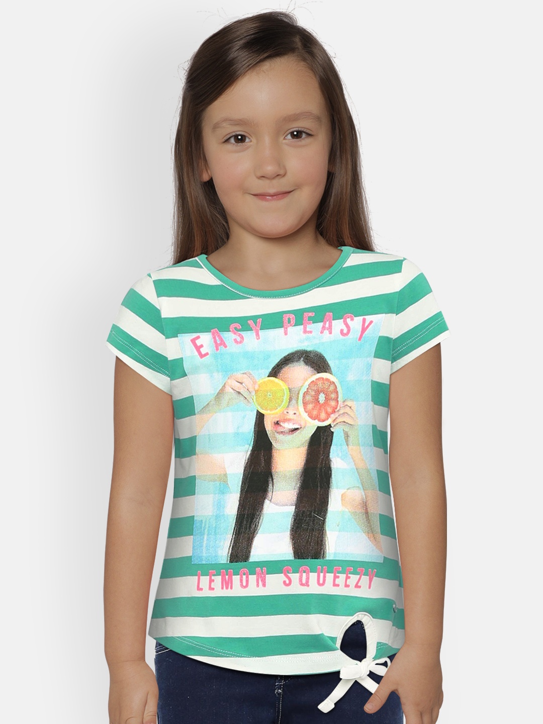 

Lee Cooper Girls Green & White Striped & Printed Round Neck T-shirt