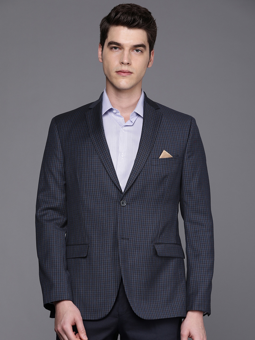 

SUITLTD Men Navy Blue & Black Checked Single-Breasted Slim-Fit Woolen Blazers