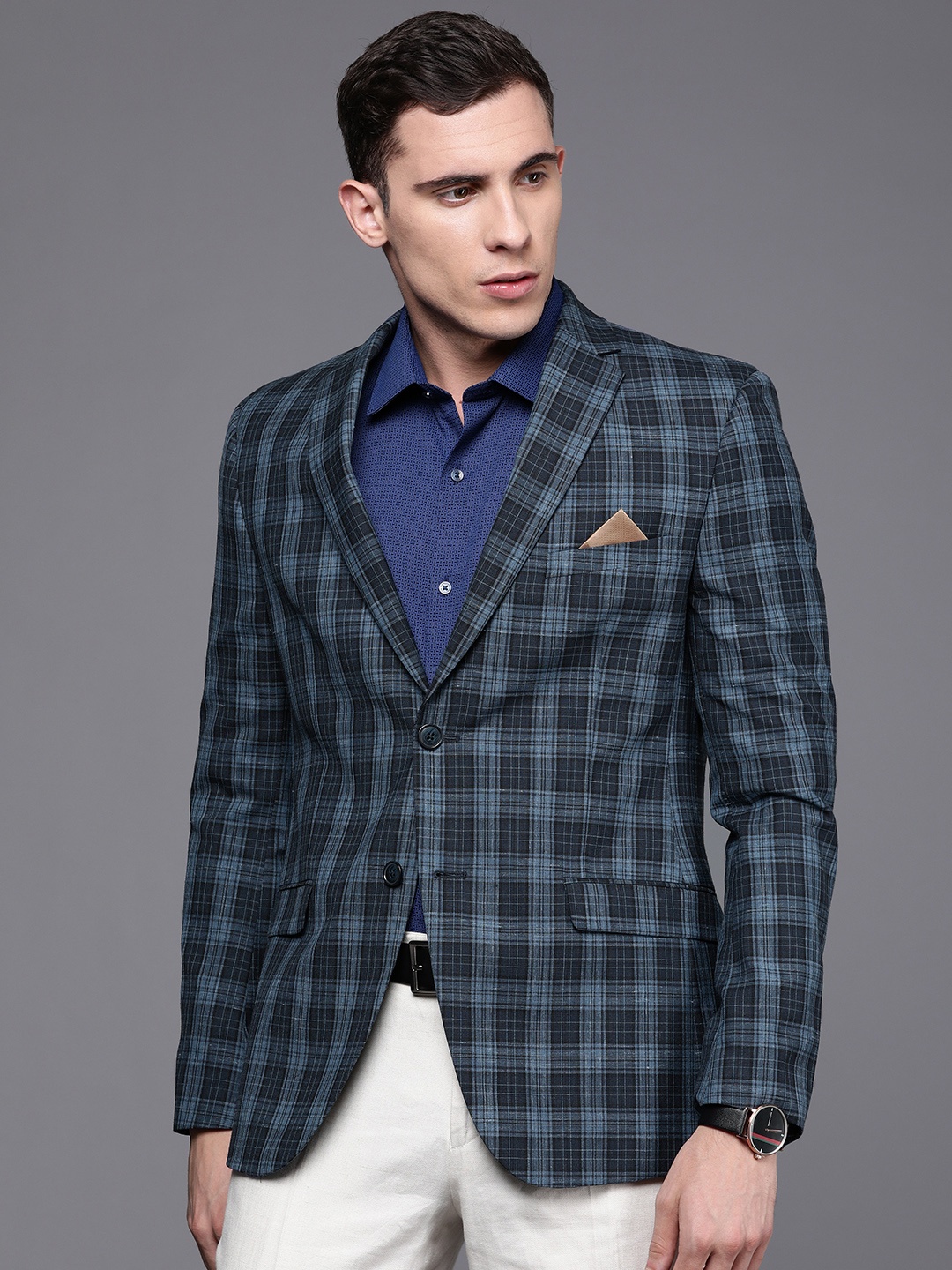 

SUITLTD Men Blue Checked Single-Breasted Slim-Fit Blazers