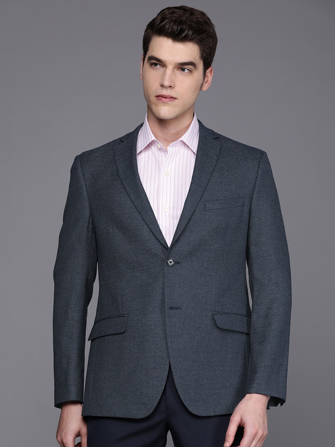

SUITLTD Men Blue Self Design Single-Breasted Slim-Fit Blazers