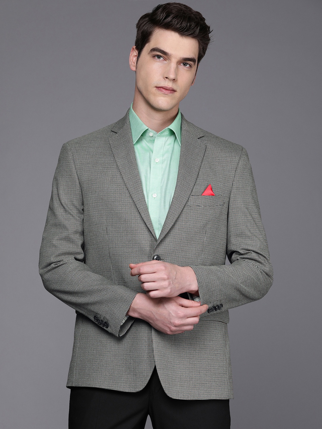 

SUITLTD Men Grey & Black Checked Single-Breasted Regular Fit Woolen Blazers