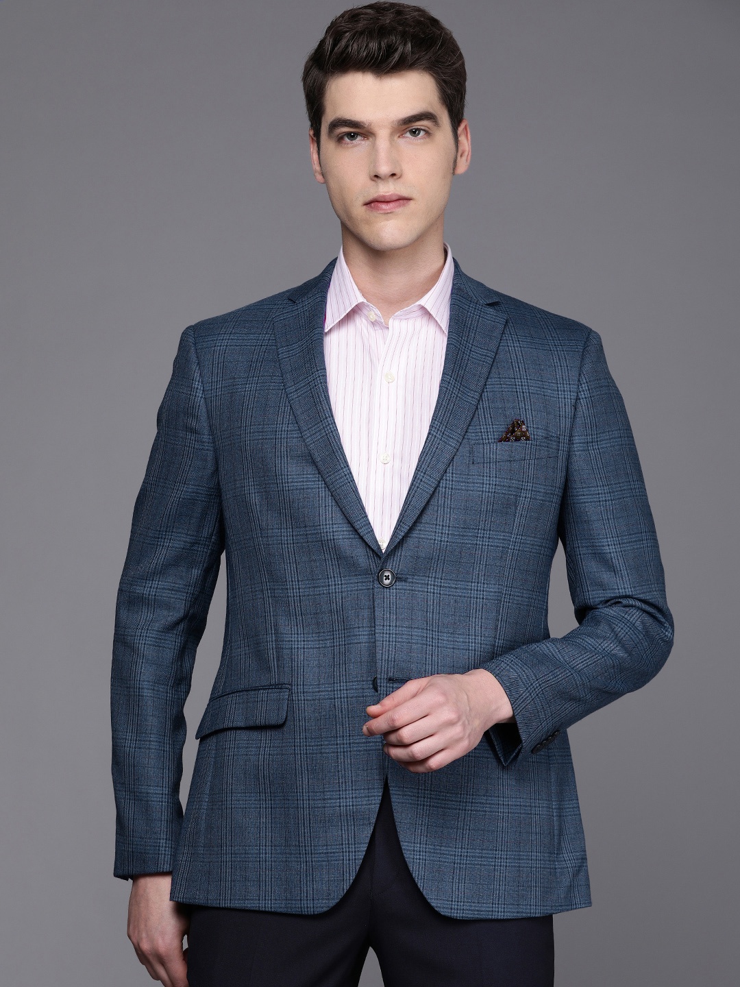 

SUITLTD Men Blue Checked Single-Breasted Slim-Fit Woolen Blazers