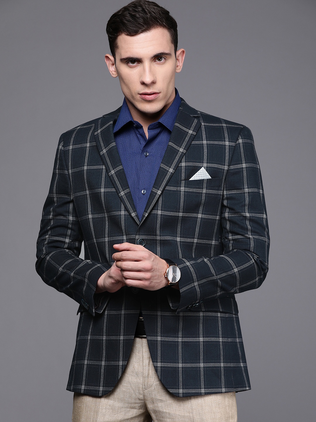 

SUITLTD Men Blue & Grey Checked Single-Breasted Slim-Fit Blazers