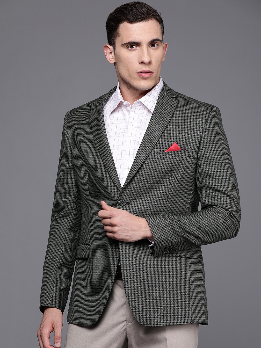 

SUITLTD Men Charcoal Grey Slim Fit Checked Single-Breasted Formal Blazer