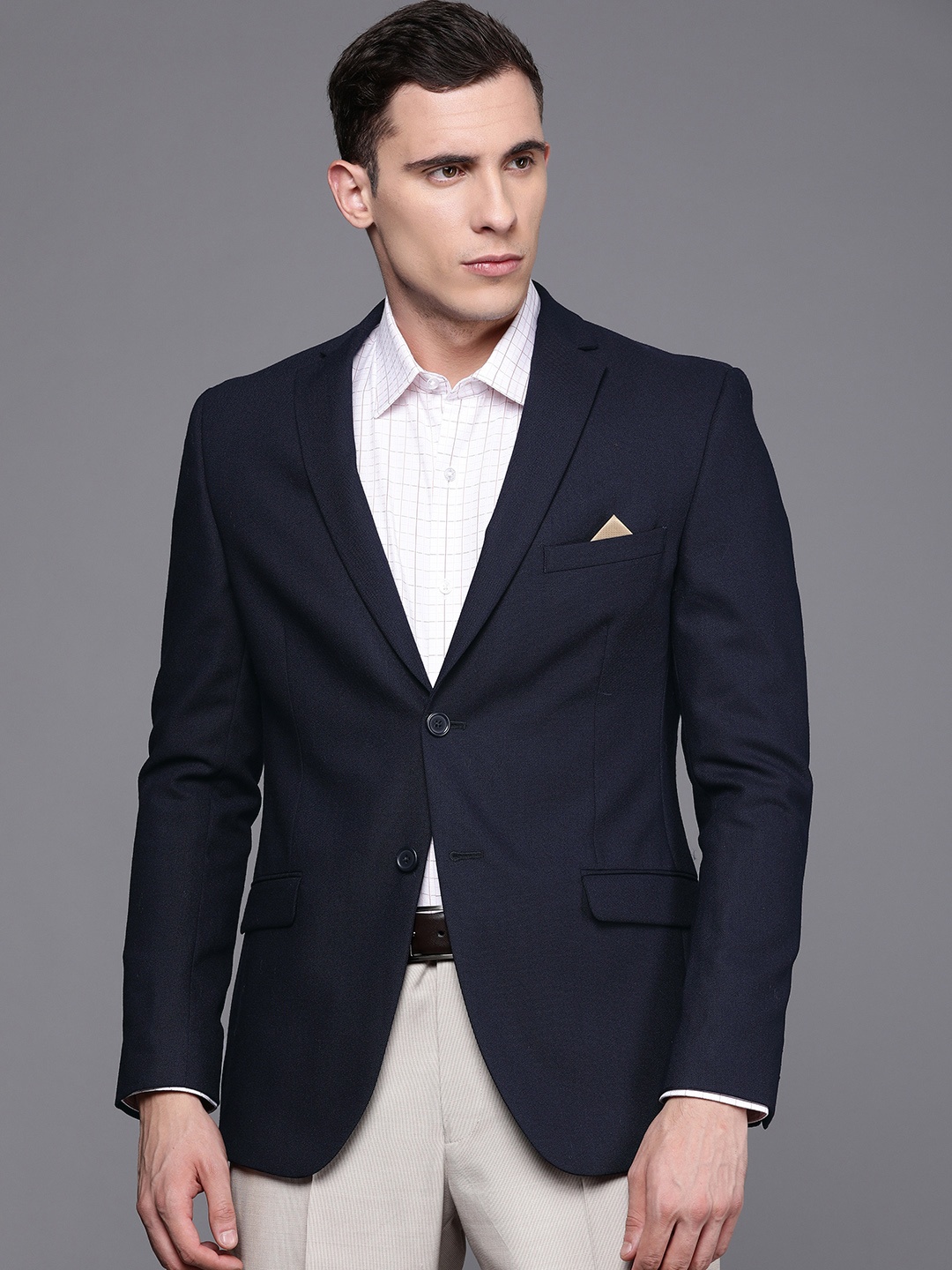 

SUITLTD Men Navy Blue Slim Fit Solid Single-Breasted Formal Blazer