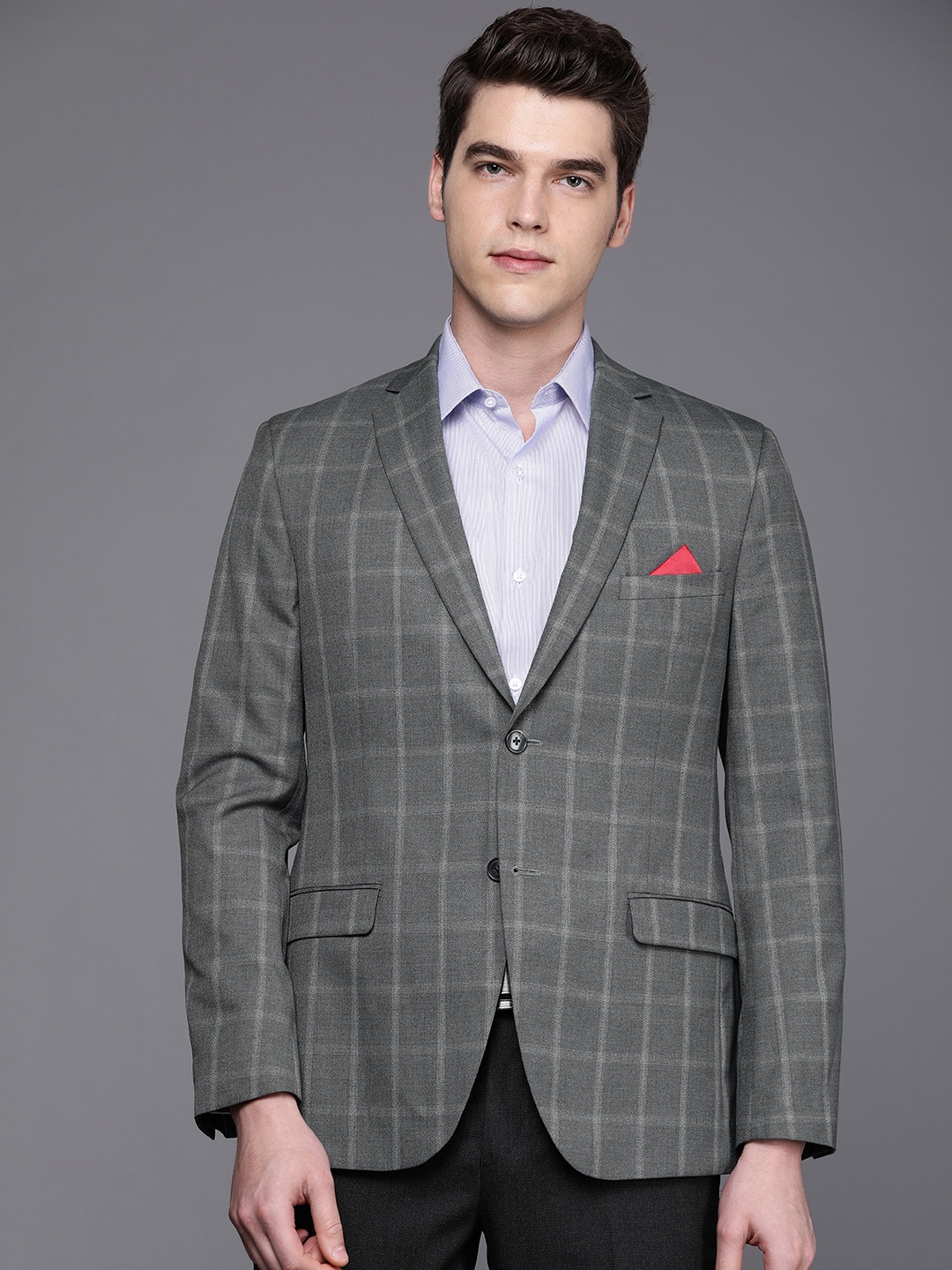 

SUITLTD Men Grey Slim Fit Checked Single-Breasted Casual Blazer