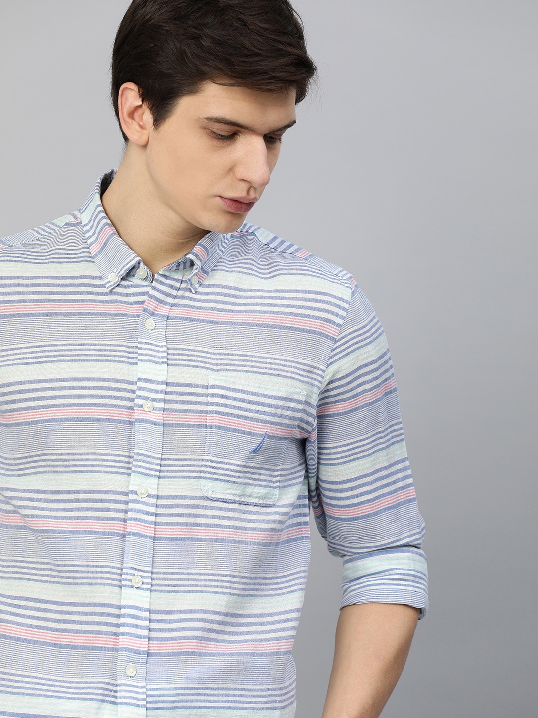 

Nautica Men Navy Blue & White Slim Fit Striped Smart Casual Shirt