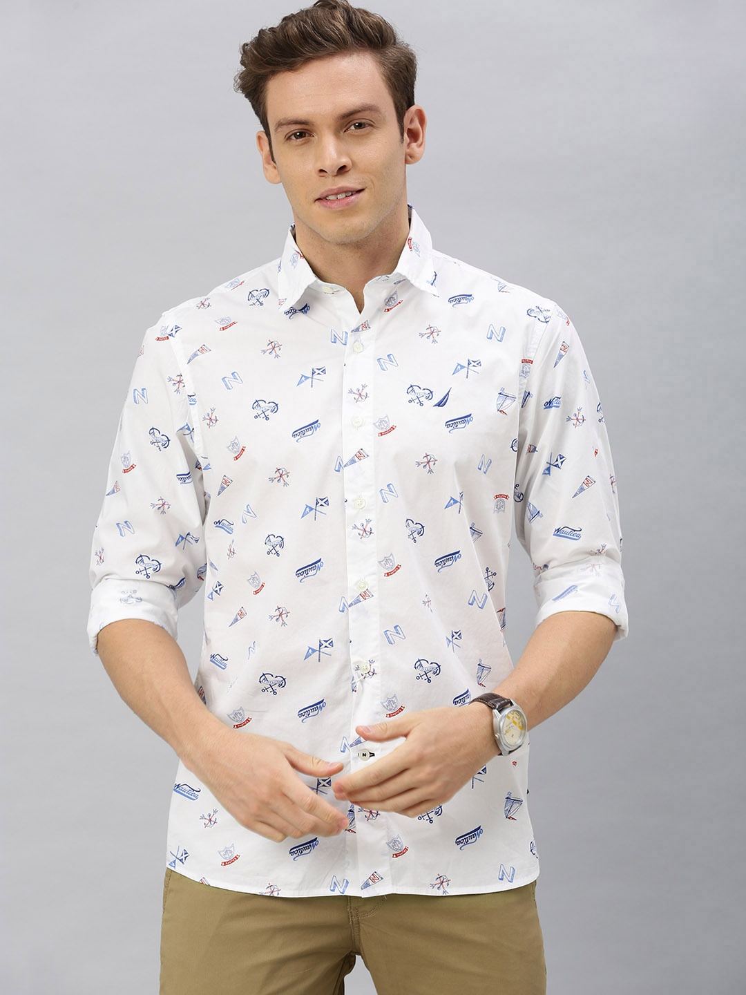 

Nautica Men White & Blue Slim Fit Nautical Printed Casual Shirt