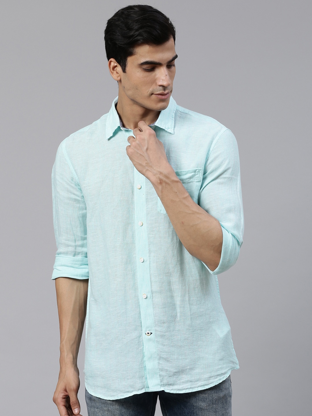 

Nautica Men Sea Green Linen Classic Regular Fit Solid Casual Shirt