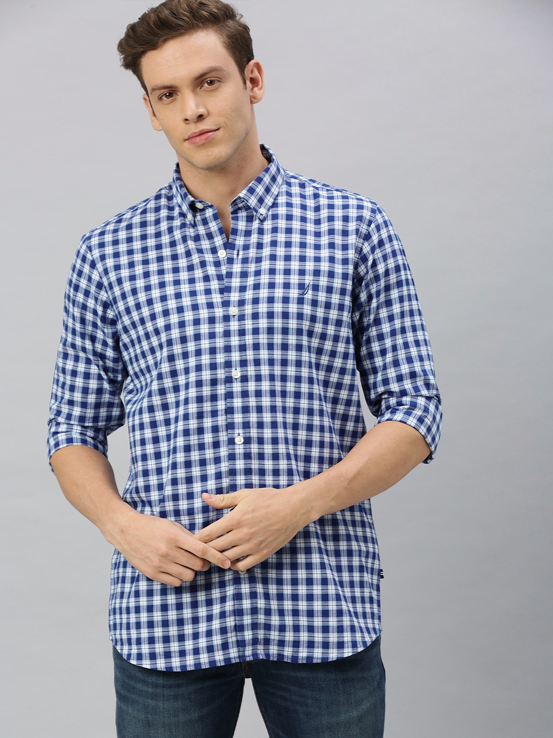 

Nautica Men Blue & White Classic Fit Checked Casual Shirt