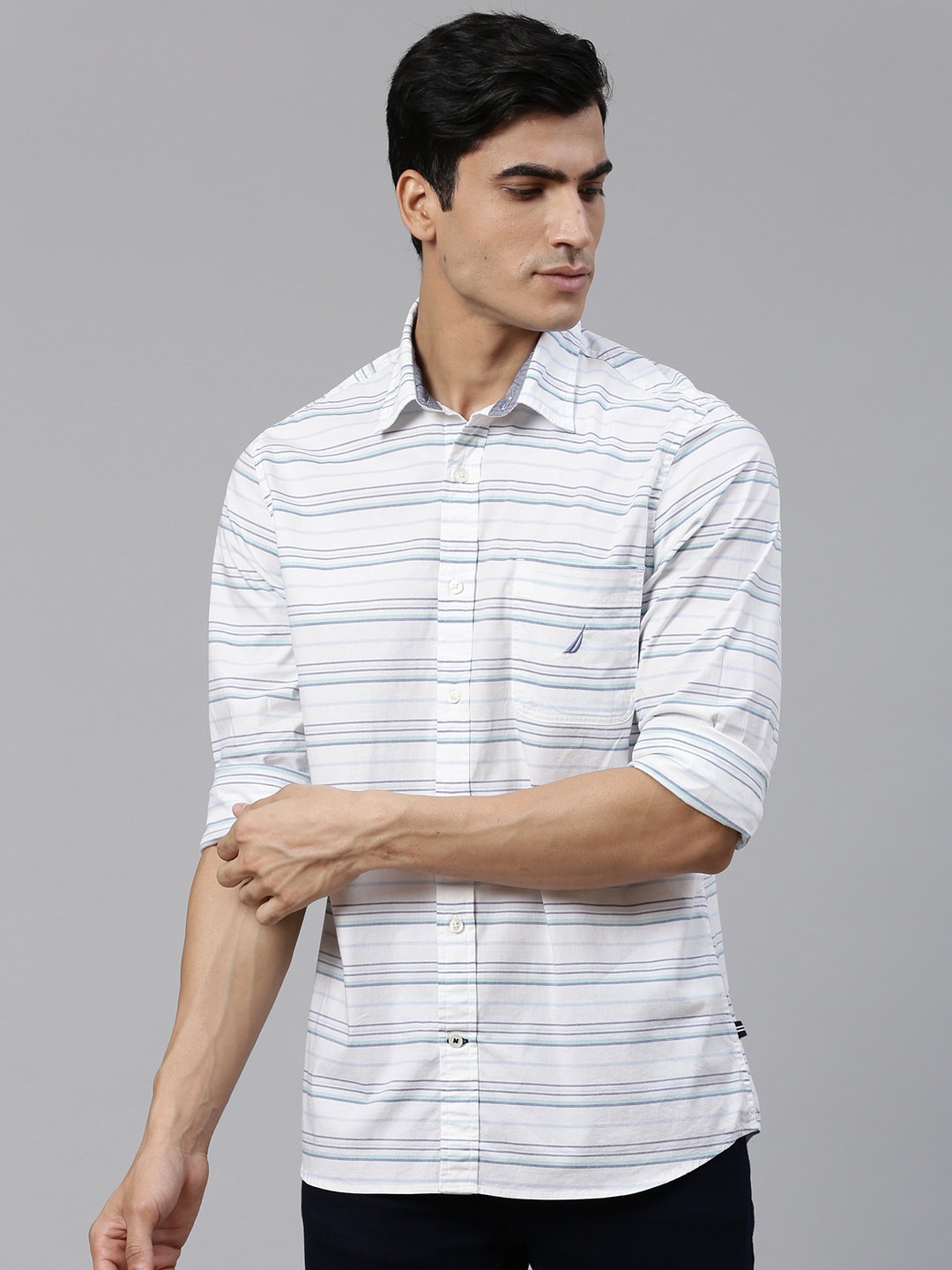 

Nautica Men White & Blue Slim Fit Knitted Striped Casual Shirt