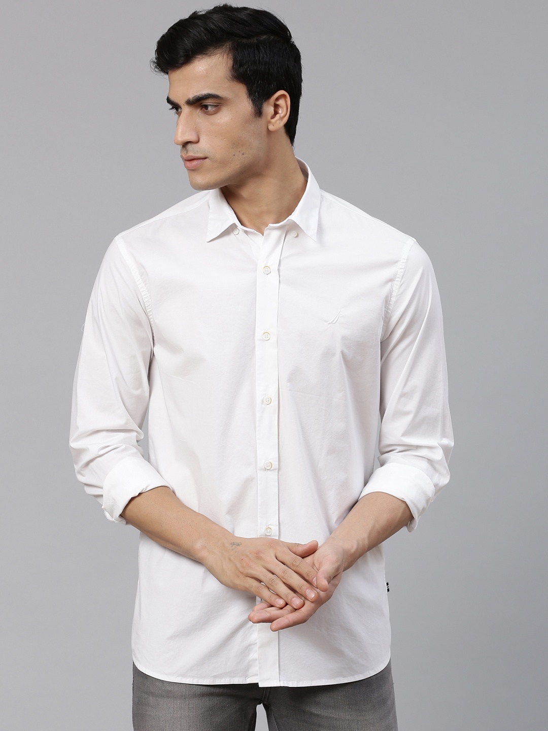 

Nautica Men White Slim Fit Knitted Solid Casual Shirt