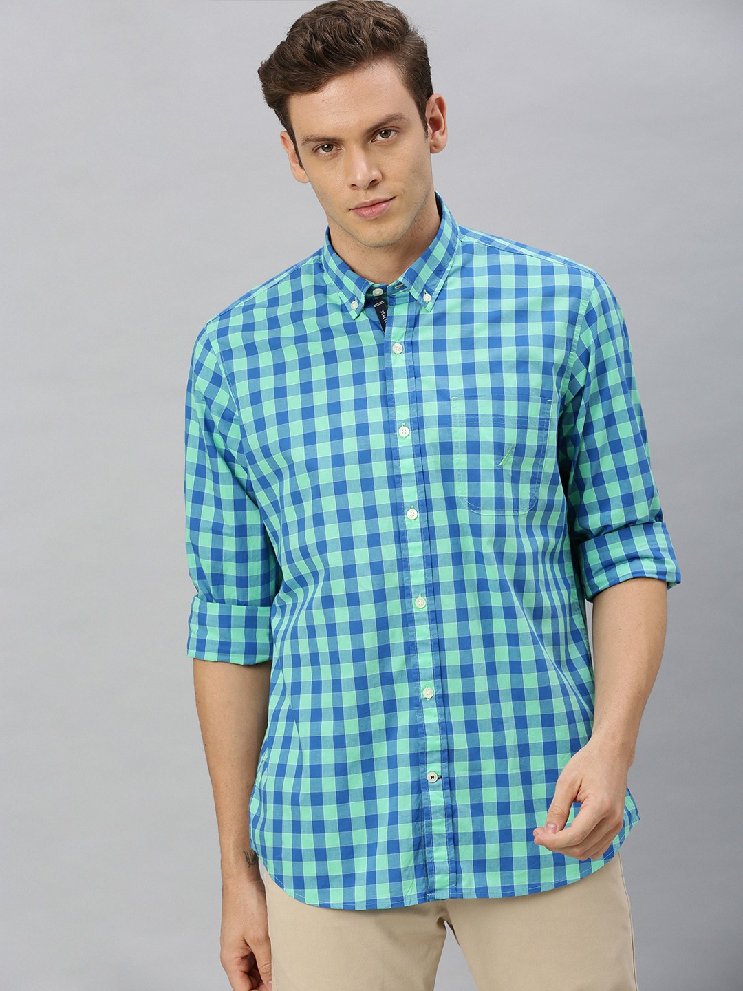 

Nautica Men Blue & Sea Green Classic Fit Checked Casual Shirt