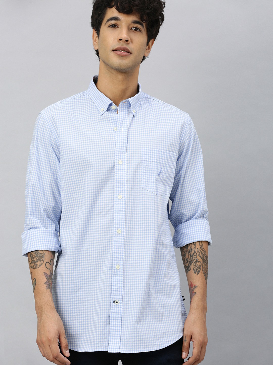 

Nautica Men Blue & White Classic Fit Checked Casual Shirt