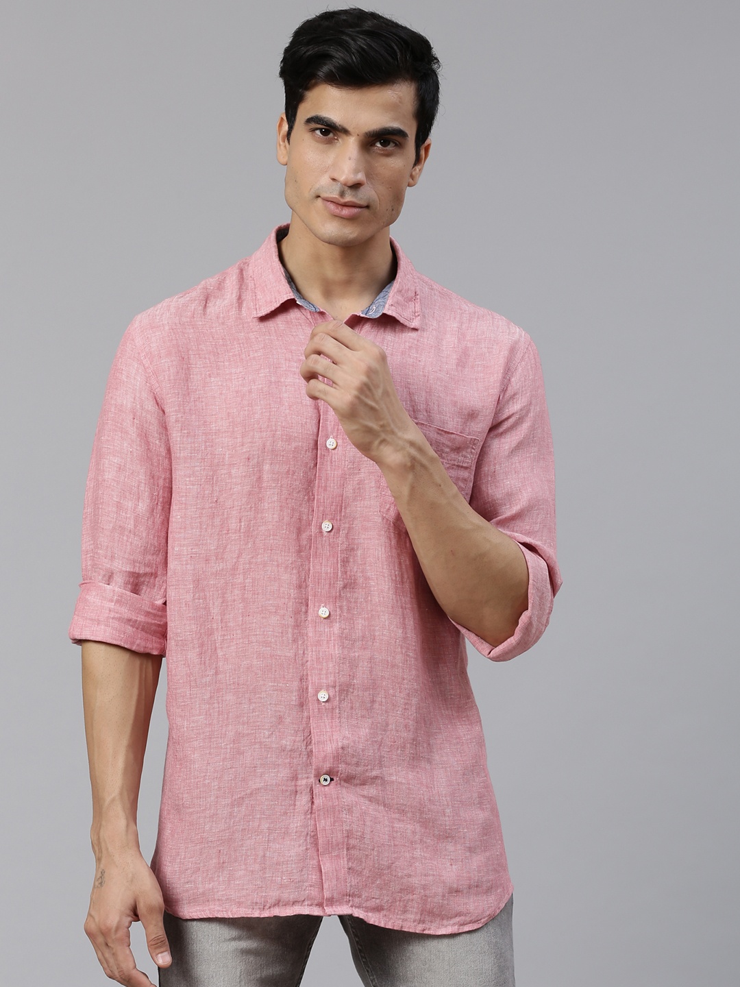 

Nautica Men Red Classic Fit Solid Linen Casual Shirt