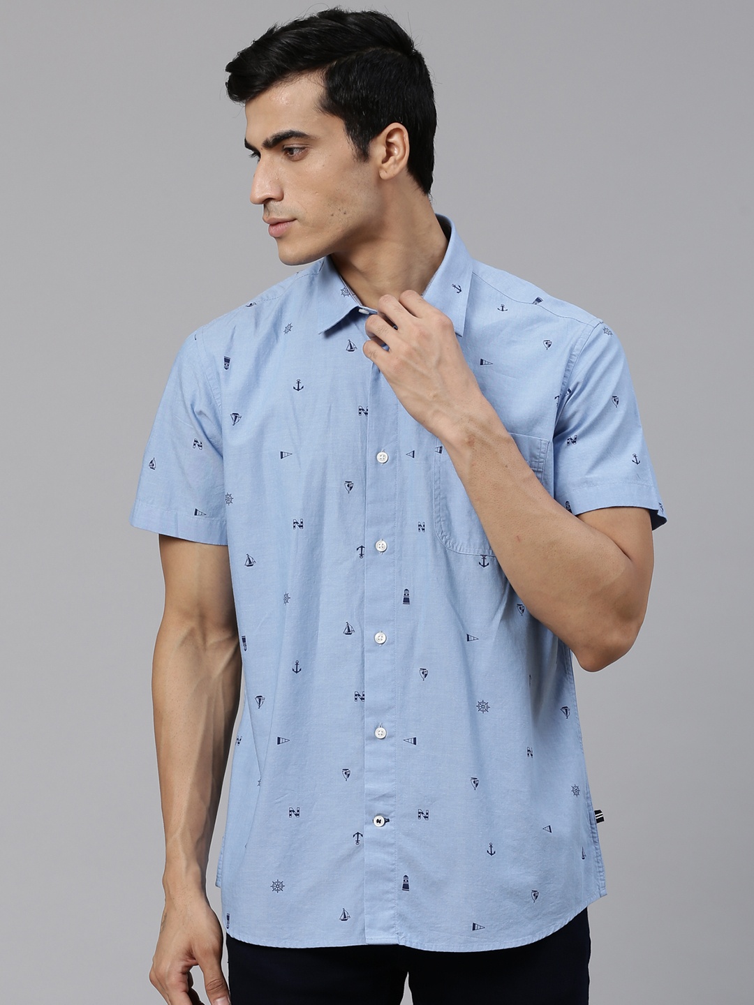 

Nautica Men Blue Classic Regular Fit Knitted Printed Casual Shirt