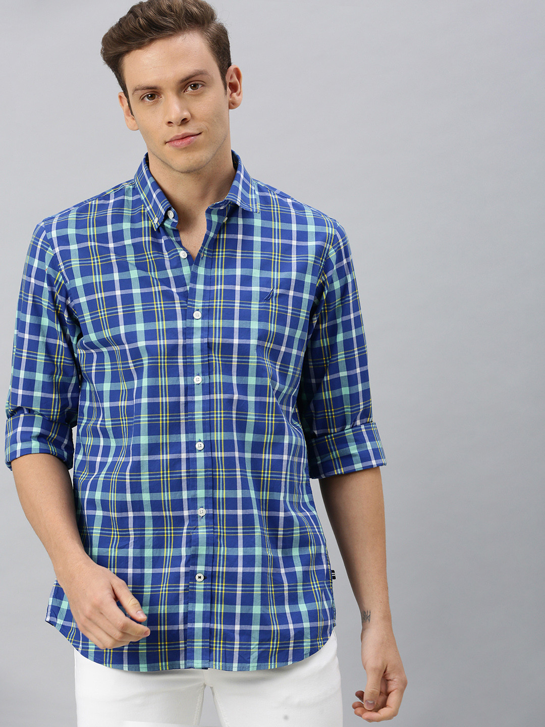 

Nautica Men Blue & Sea Green Classic Fit Checked Casual Shirt